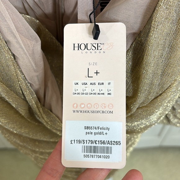 NWT House of CB Felicity Gold Ruched Mesh Off Shoulder Dress L+ - Picture 11 of 14